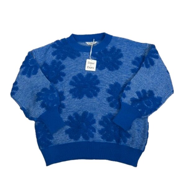 Davi & Dani NEW 3D Flower Texture Round Neck Dropped Shoulder Sweater Sz L Blue - Picture 7 of 11